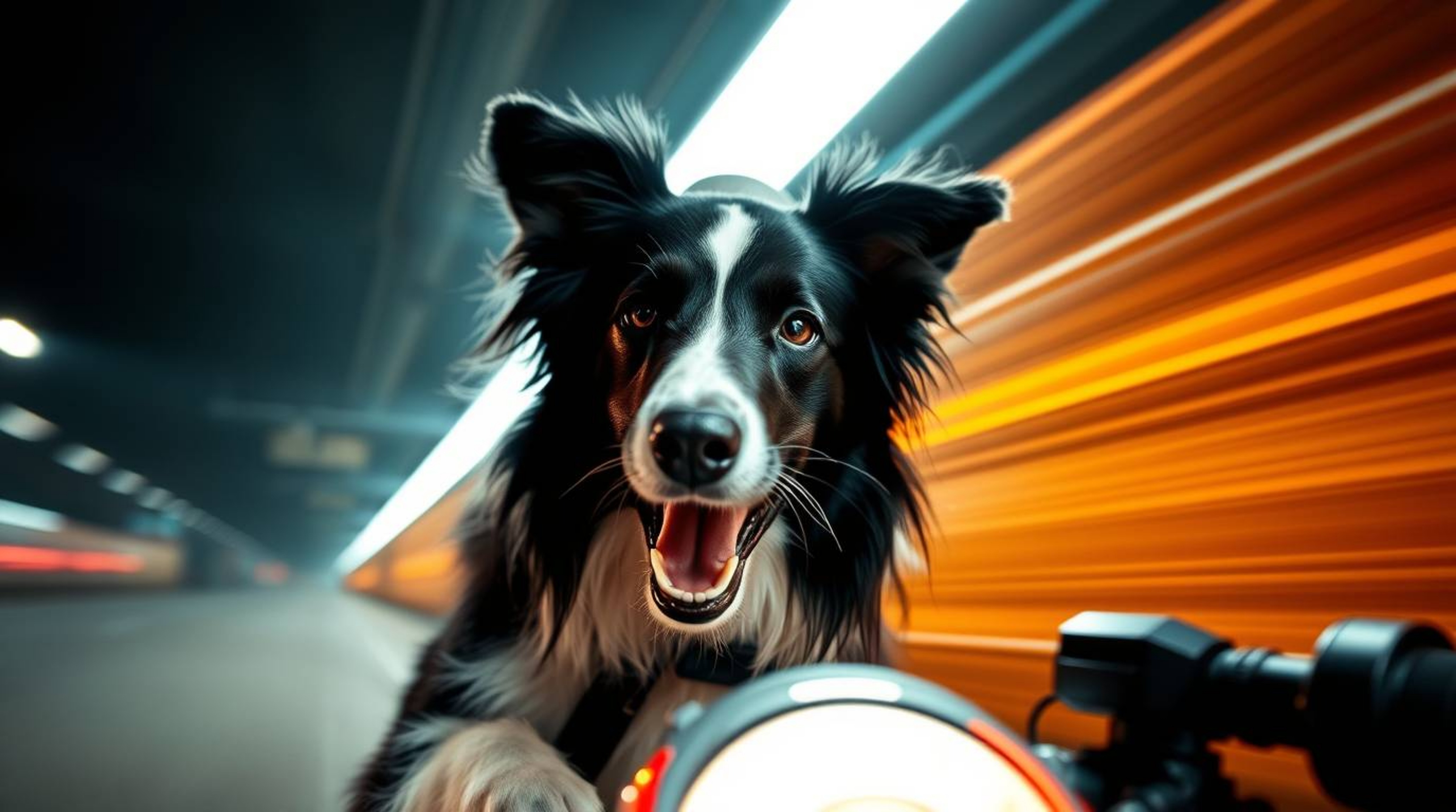 A dynamic image showcases a black and white Border Collie detective, intensely focused with high-tech gadgets.  Captured usin