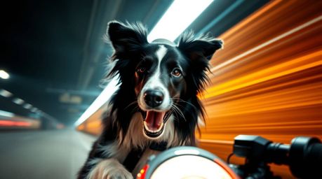A dynamic image showcases a black and white Border Collie detective, intensely focused with high-tech gadgets.  Captured usin