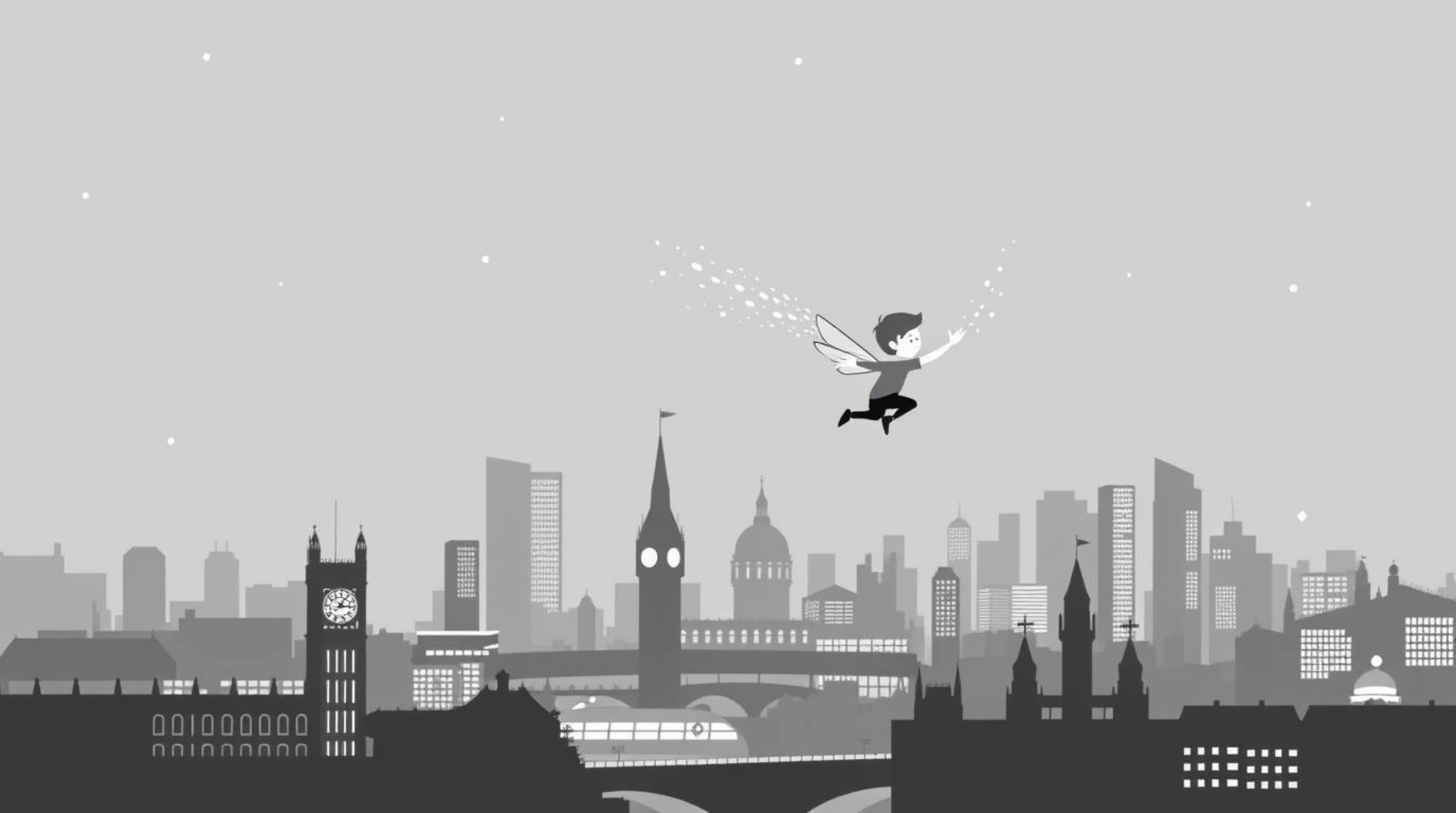 Experience a timeless and elegant illustration of a young boy soaring above London with the magic of pixie dust. This modern 
