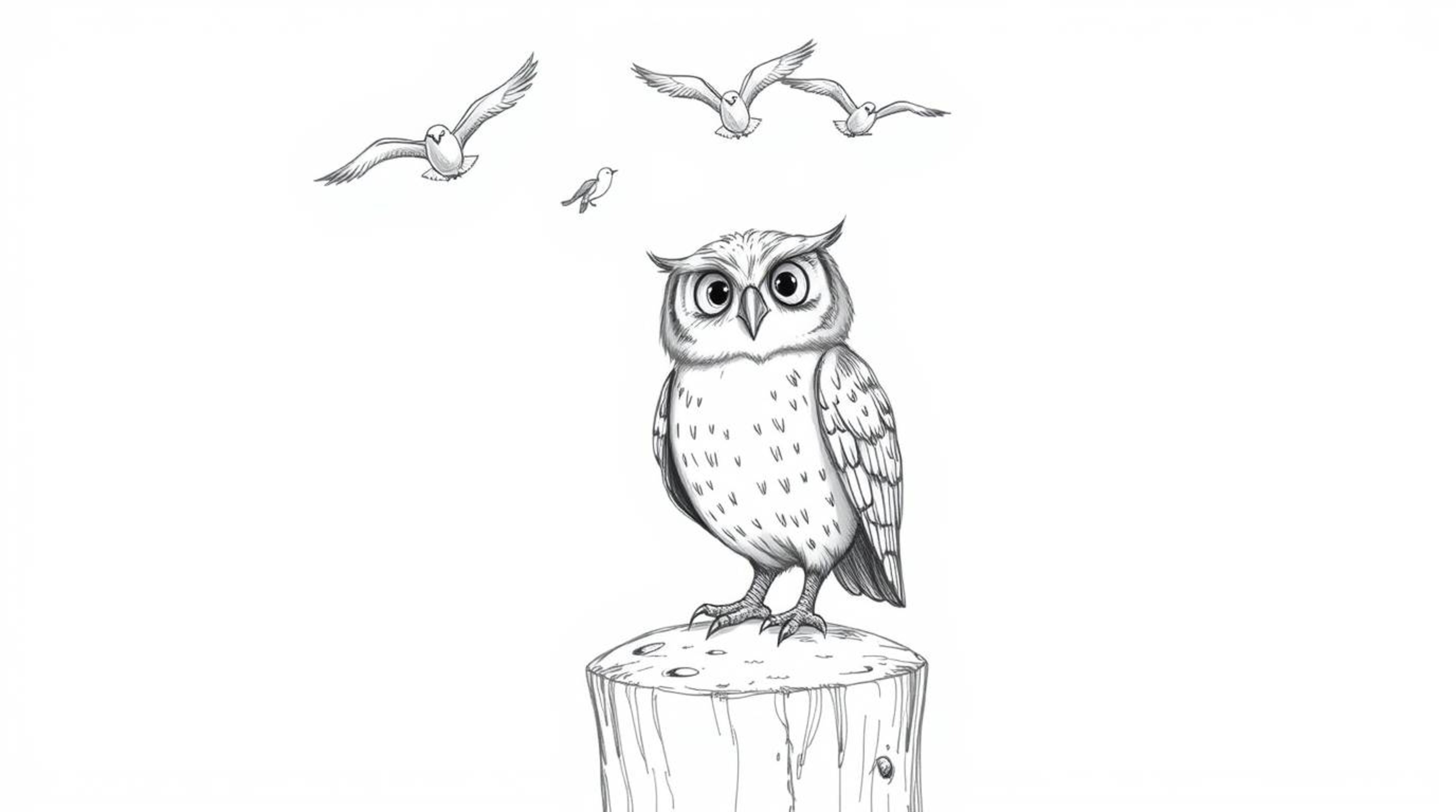 A charming, hand-drawn pencil sketch in a Pixar-inspired style depicts a blind owl, meticulously detailed with textured strok