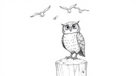 A charming, hand-drawn pencil sketch in a Pixar-inspired style depicts a blind owl, meticulously detailed with textured strok