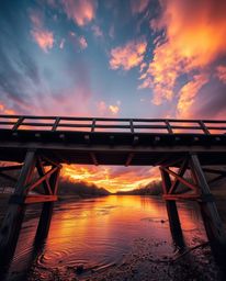 An extreme macro close-up captures the intricate details of an old wooden bridge over a river at sunset. The image is rendere