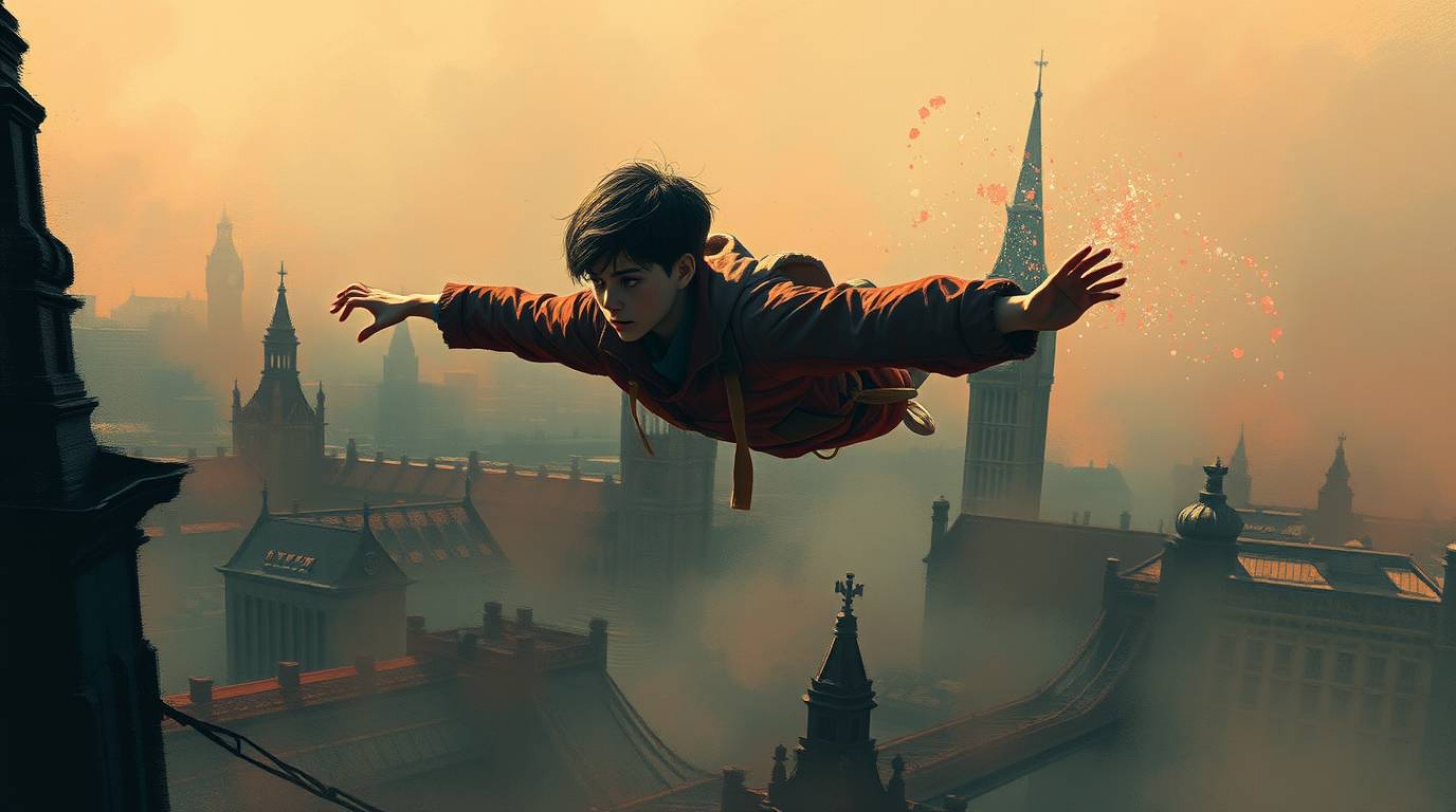 A dynamic digital sketch featuring a young boy with pixie dust flying above London in surreal infrared tones and complementar