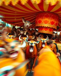 A dynamic image capturing a carnival overtaken by wild animals, blurring the lines between chaos and celebration. The scene b