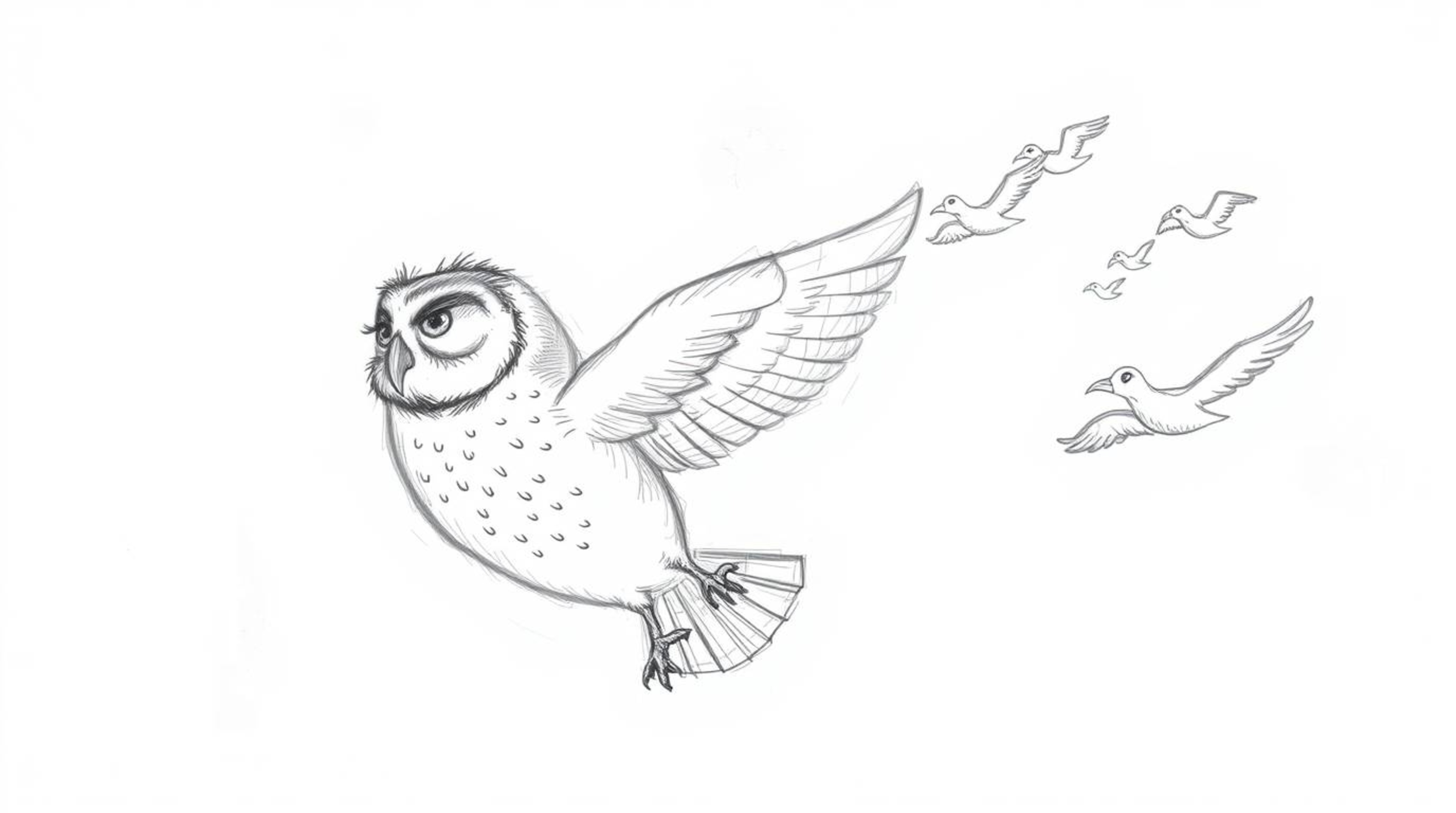 A heartwarming hand-drawn sketch, inspired by Pixar animation, depicts a serene blind owl with soft, feathery details guiding