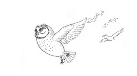 A heartwarming hand-drawn sketch, inspired by Pixar animation, depicts a serene blind owl with soft, feathery details guiding