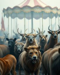 Experience a surreal carnival scene where wild animals have taken over, rendered in delicate soft pastel colors. The artwork 