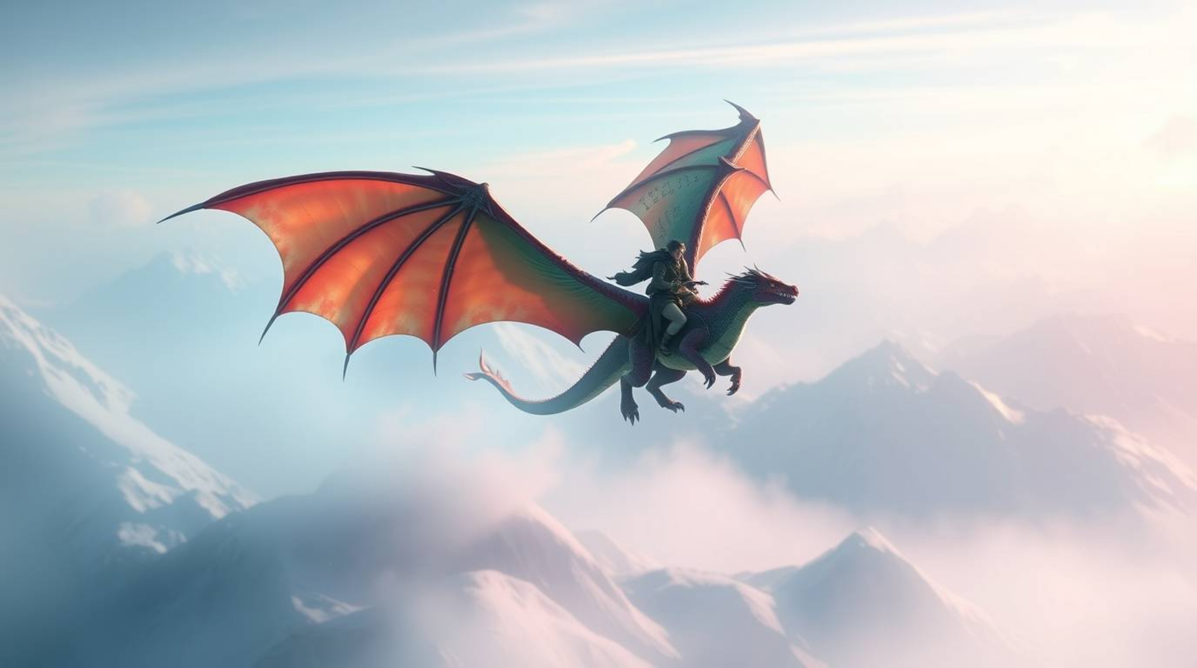 Experience a dreamlike scene of an iridescent dragon and rider soaring above icy mountains in a mystic and enchanting environ