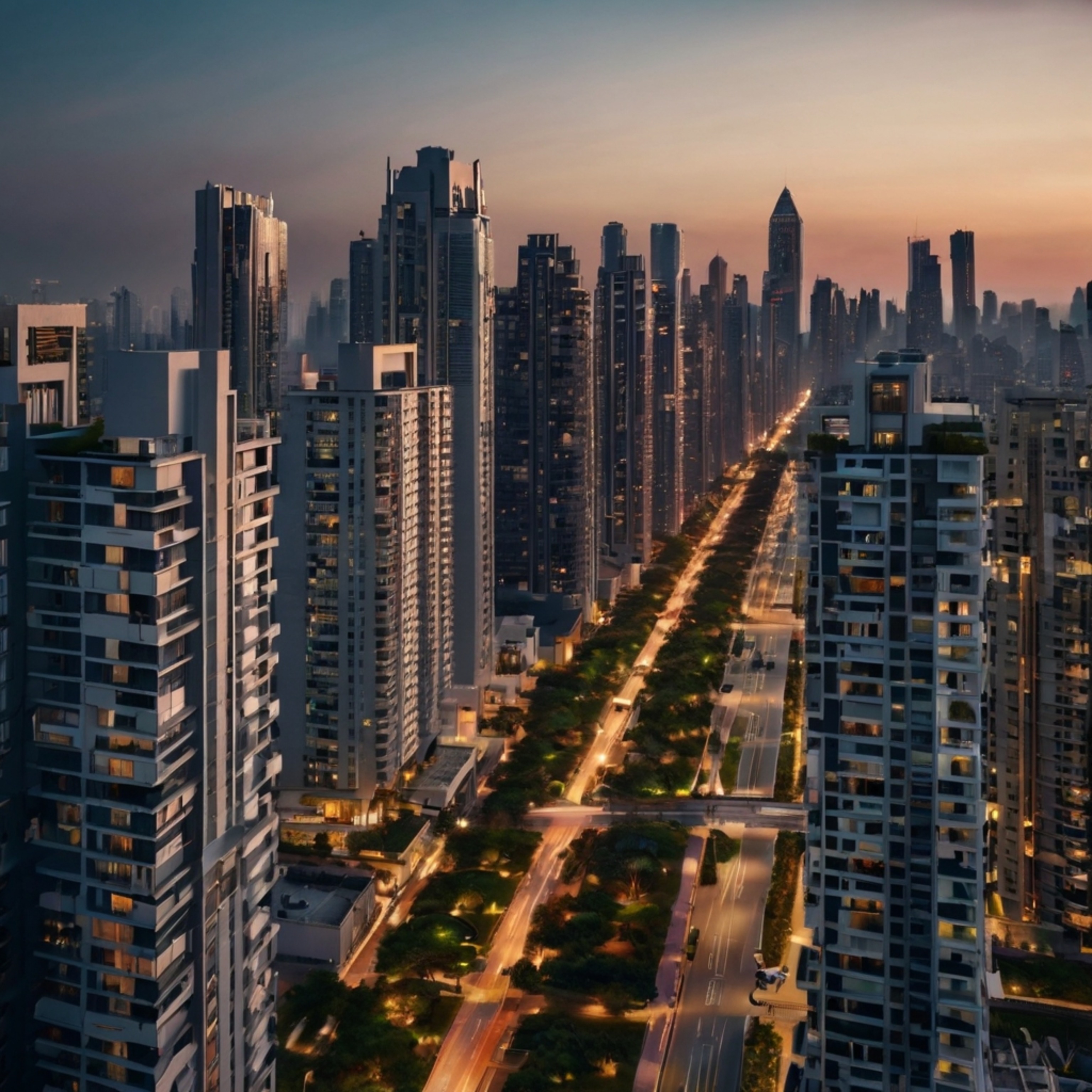 Explore a stunning modern cityscape characterized by its sleek, clean lines, expansive boulevards, and impressive towering lu