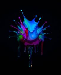 Explore an unsettling yet captivating image of a colorful paint splash frozen in mid-air. This eerie creation features smooth