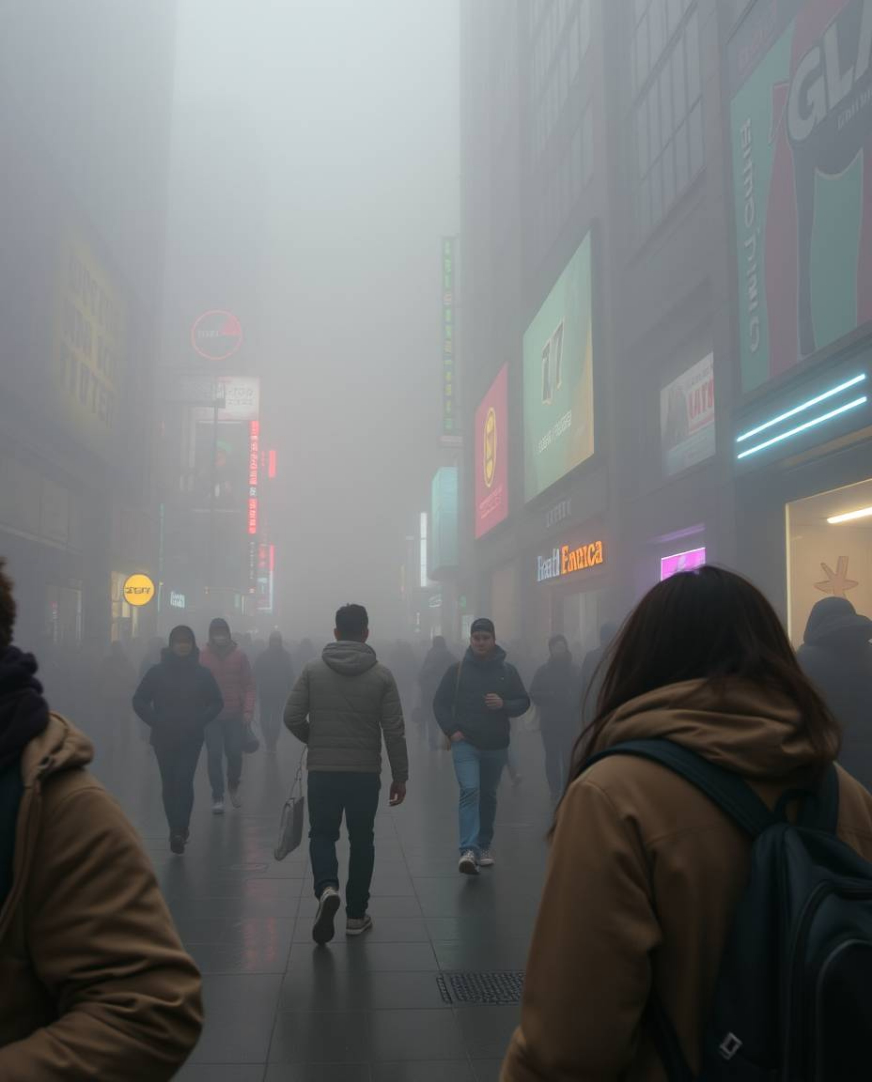 Explore the captivating intersection of candid street photography and cyberpunk aesthetics in a world shrouded in thick fog. 