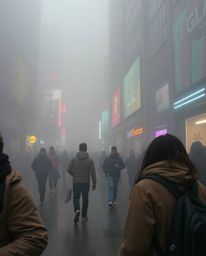 Explore the captivating intersection of candid street photography and cyberpunk aesthetics in a world shrouded in thick fog. 
