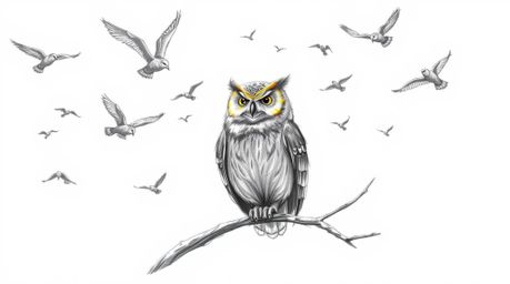 A heartwarming hand-drawn sketch in the style of Pixar depicts a blind owl with radiant, glowing feathers bathed in a sunbeam