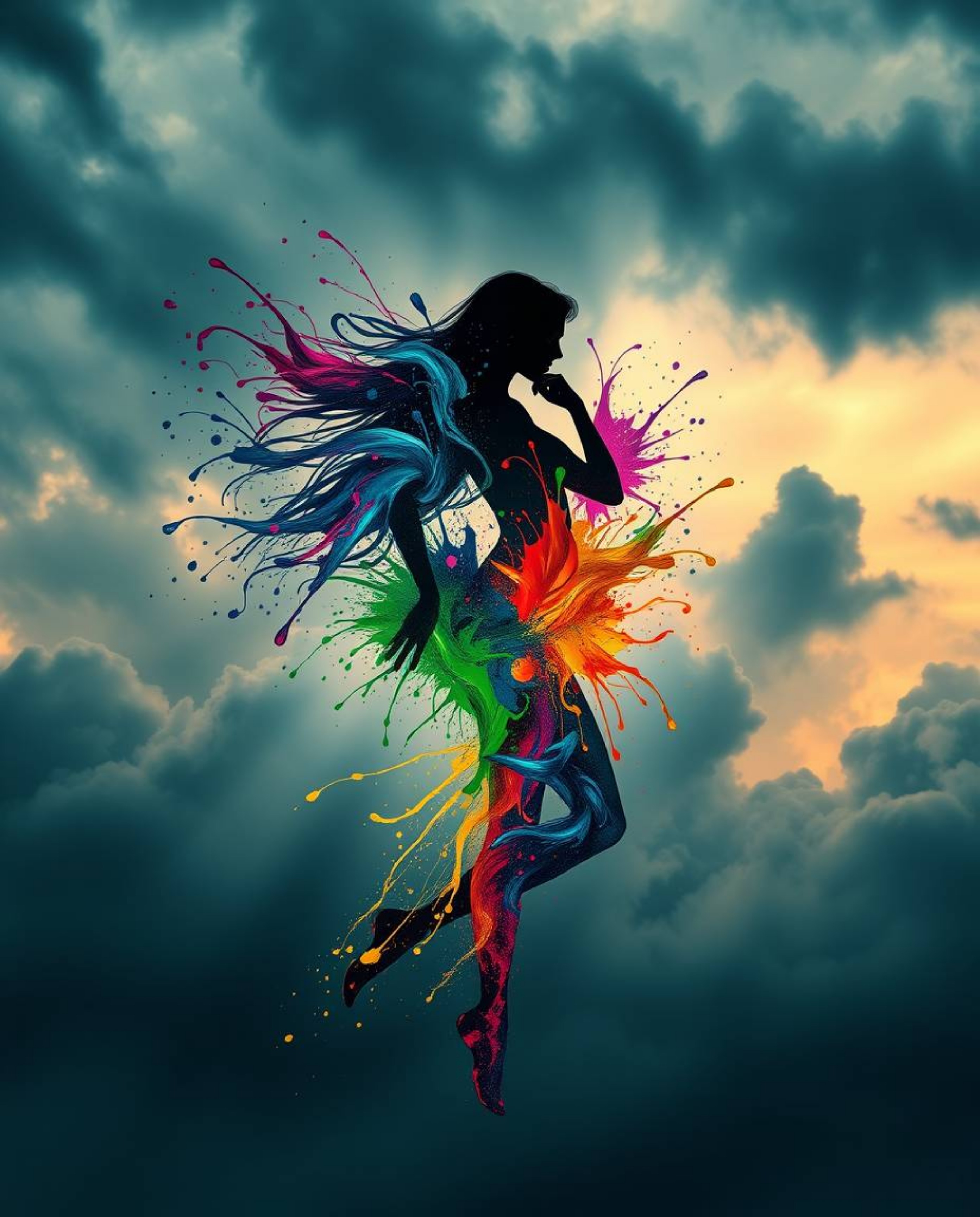A captivating modern art piece showcasing a graceful human silhouette vividly brought to life with vibrant splash patterns ag