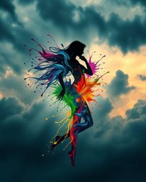 A captivating modern art piece showcasing a graceful human silhouette vividly brought to life with vibrant splash patterns ag