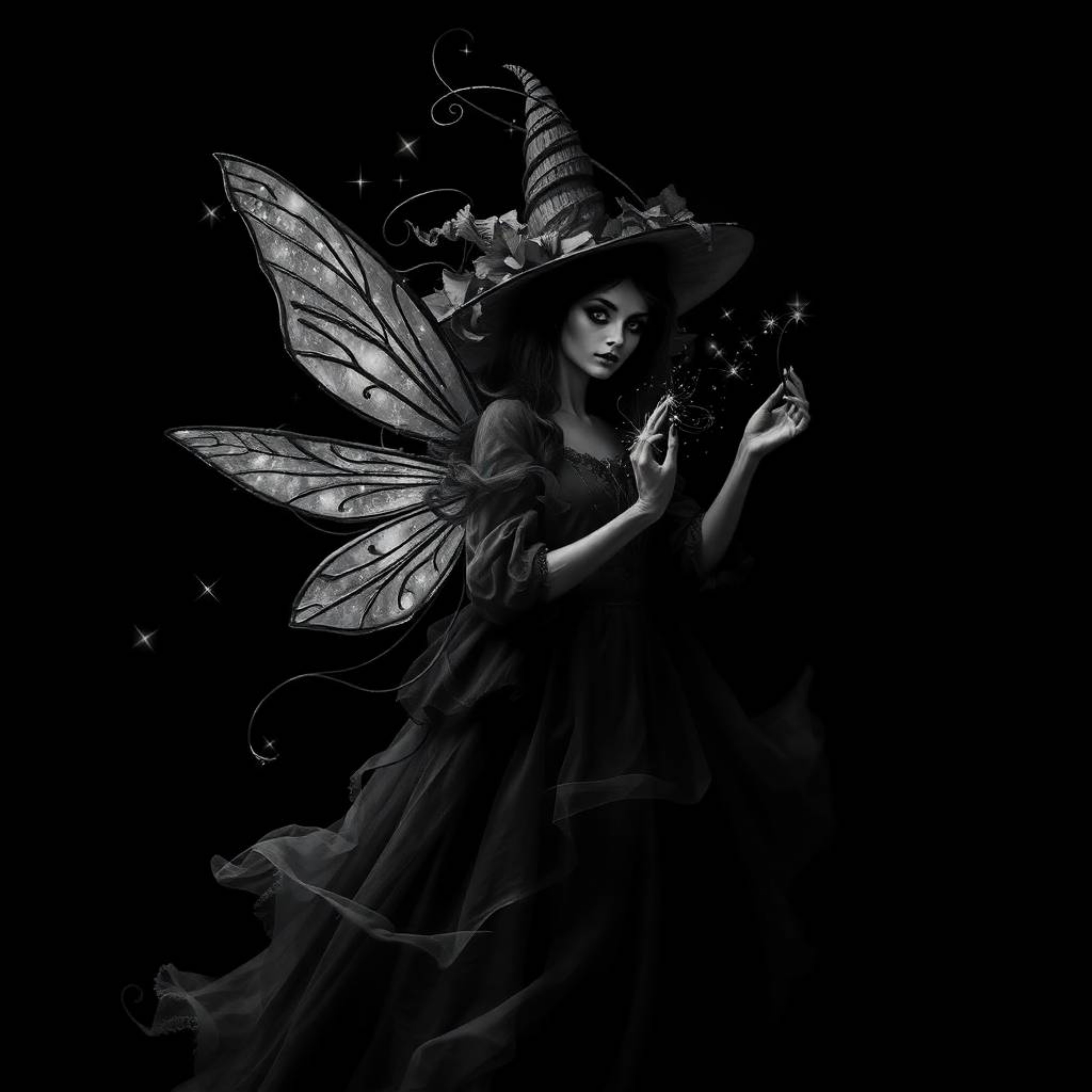 A captivating classic black and white image portrays a fairy godmother emerging from a swirling vortex of sparkles. The scene