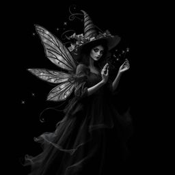 A captivating classic black and white image portrays a fairy godmother emerging from a swirling vortex of sparkles. The scene
