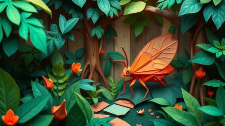 Immerse yourself in an intricate origami-style illustration featuring a bug-sized hero with delicately folded paper features 
