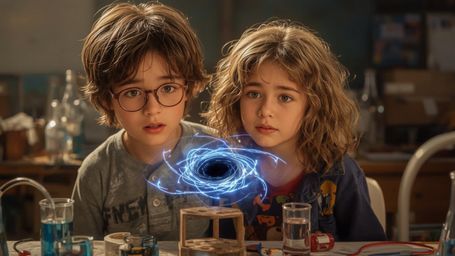 A vibrant, cinematic photograph captures two enthusiastic science fair students, a boy with messy brown hair and glasses and 