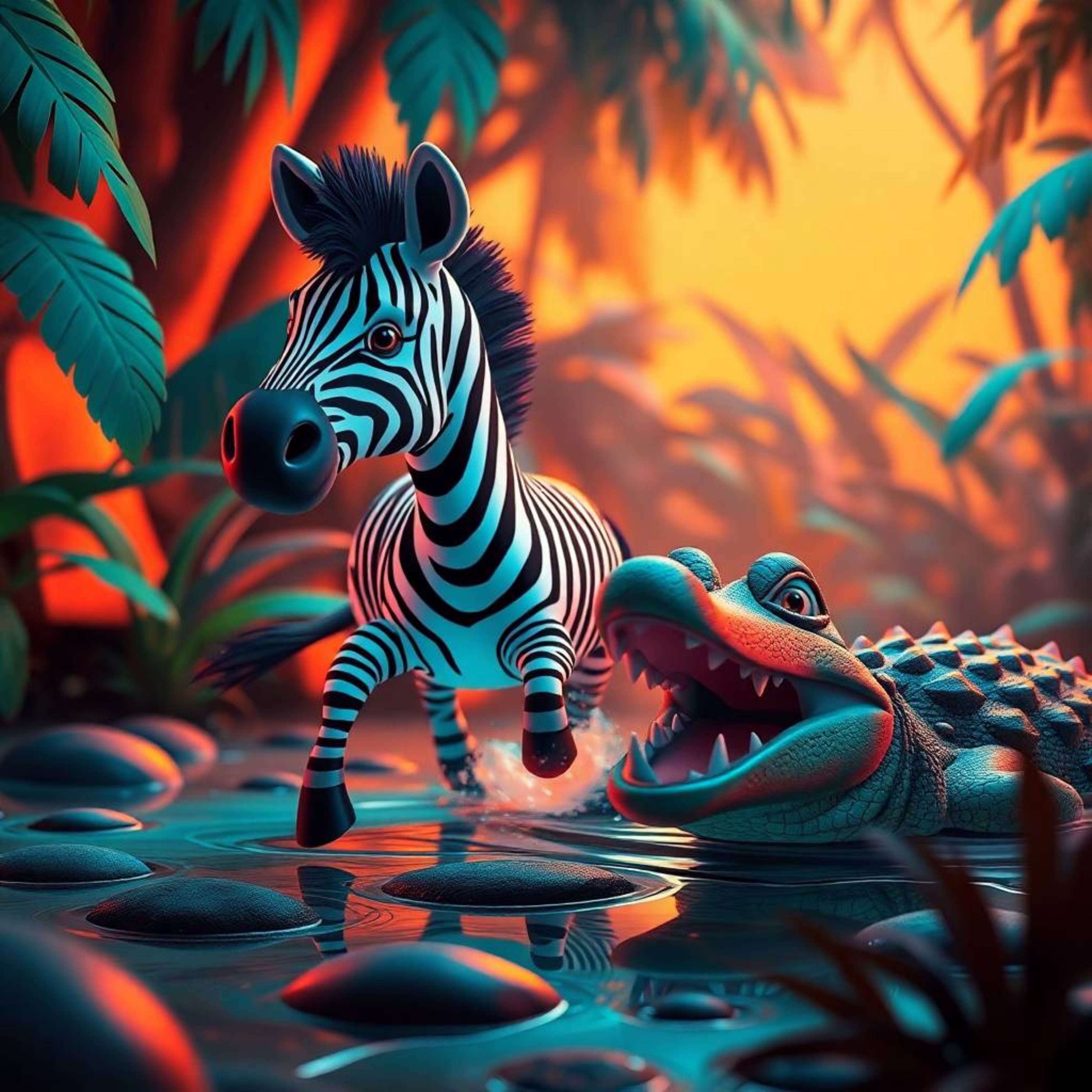 A 3D cartoon zebra finds itself in a perilous situation, narrowly escaping a hungry crocodile within a lush jungle. The scene