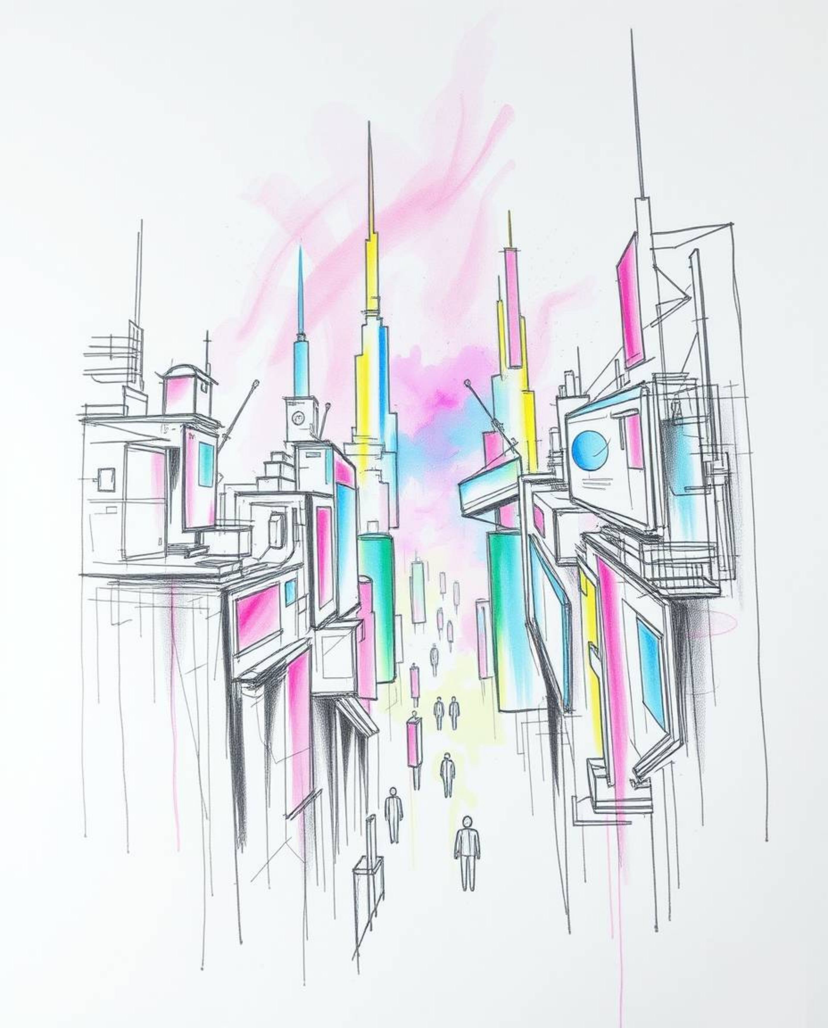 A captivating hand-drawn sketch in an ethereal cyberpunk style.  The illustration features a vibrant, neon-splashed cityscape