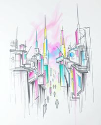 A captivating hand-drawn sketch in an ethereal cyberpunk style.  The illustration features a vibrant, neon-splashed cityscape
