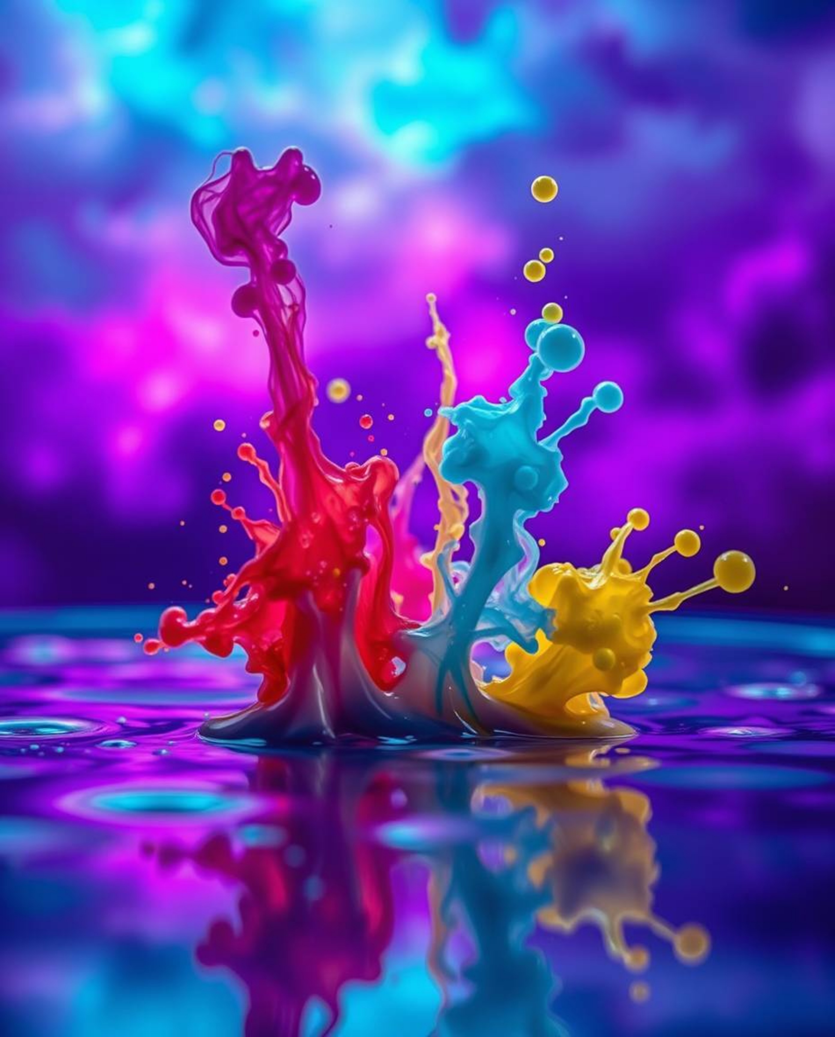 A captivating macro photograph showcases vibrant ink splashes in water, creating surreal colorful shapes against a vivid back