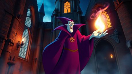 A captivating image of a classic Disney villain casting a spell within the ancient walls of a gothic castle.  The scene evoke
