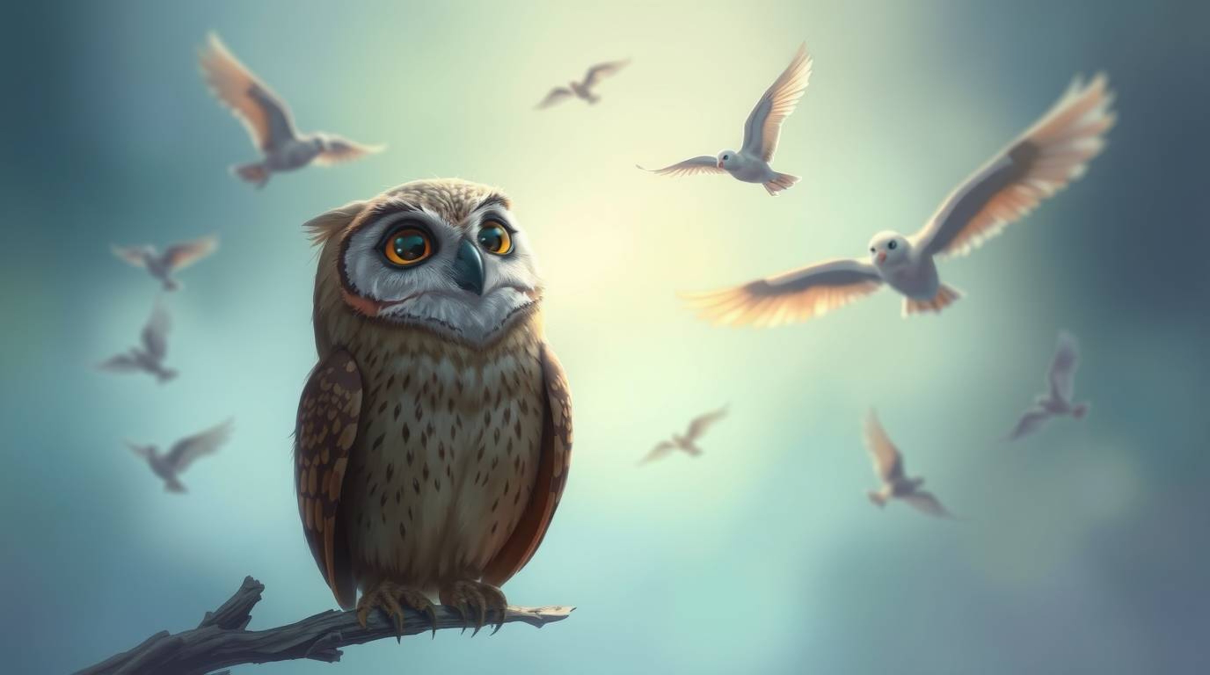 A digitally painted image in the style of Pixar portrays a serene, blind owl with warm brown feathers as it mentors airborne 