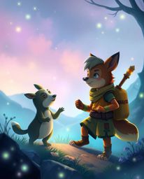 Embark on a magical journey with a talking animal sidekick assisting a brave hero.  The adventure unfolds in a world bathed i