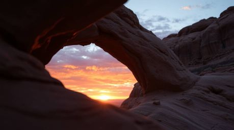 Experience a close-up and detailed view of a mystic and enchanting desert sunset framed by a natural rock arch. The scene boa