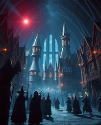 Experience an epic scene of a futuristic magical school, teeming with young wizards.  The massive scale and heroic compositio