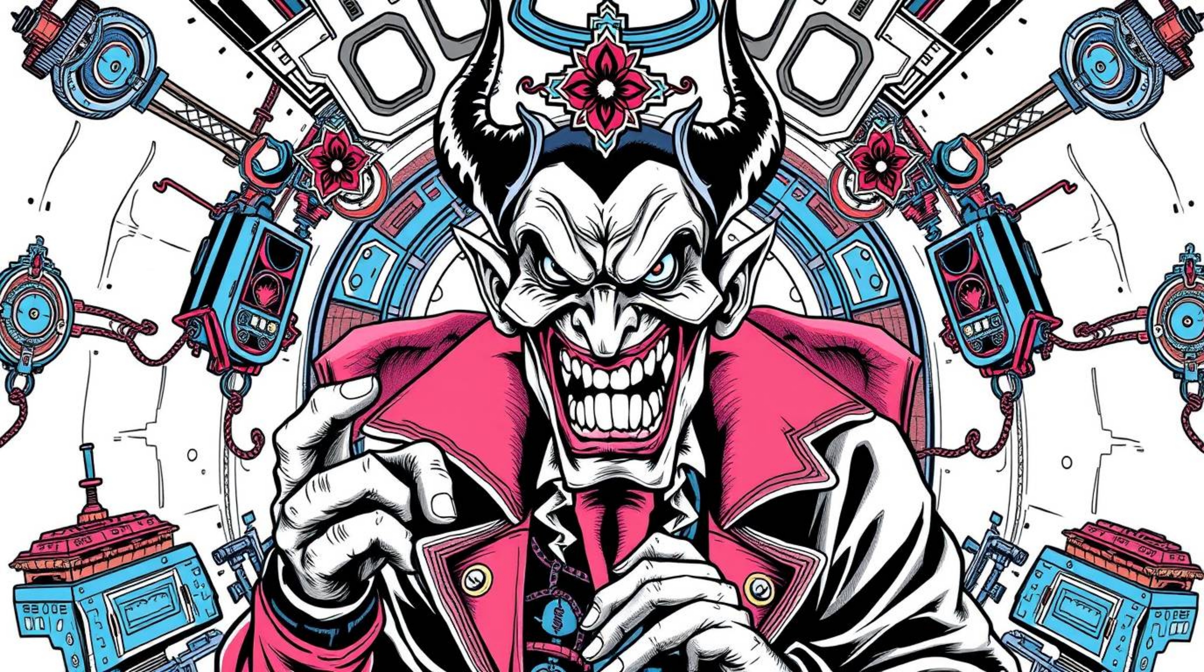 This vibrant tattoo art print depicts a villain experiencing a hilarious breakdown within a futuristic, high-tech lair.  The 