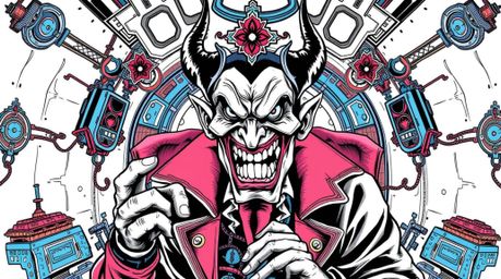 This vibrant tattoo art print depicts a villain experiencing a hilarious breakdown within a futuristic, high-tech lair.  The 