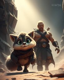 Embark on an unforgettable adventure with a muscular hero and their expressive, talking animal sidekick.  Under a gentle, sof