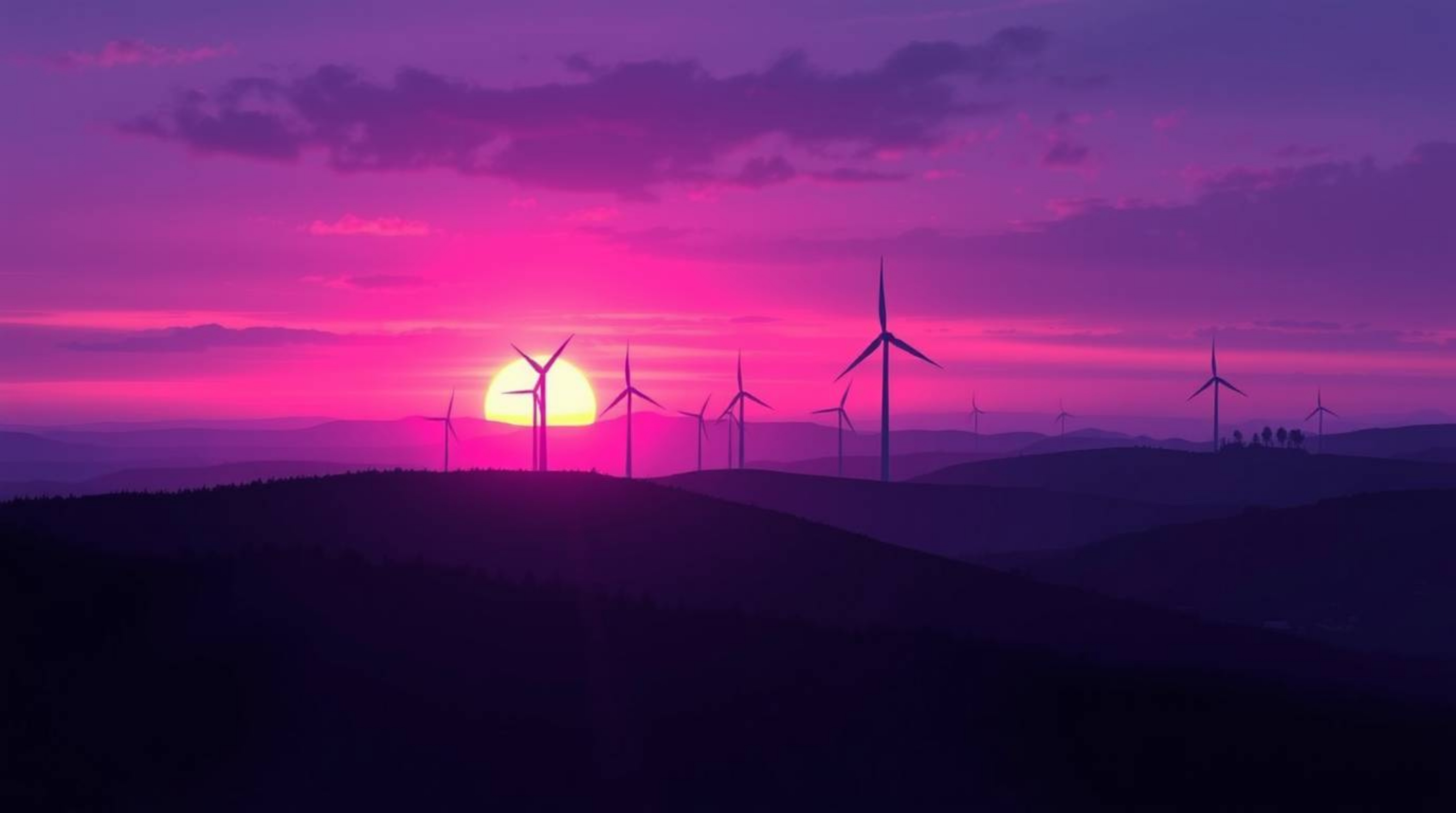 A dreamy digital painting captures a vibrant sunset scene behind a row of wind turbines perched atop a hill. Rendered in deep