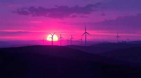 A dreamy digital painting captures a vibrant sunset scene behind a row of wind turbines perched atop a hill. Rendered in deep