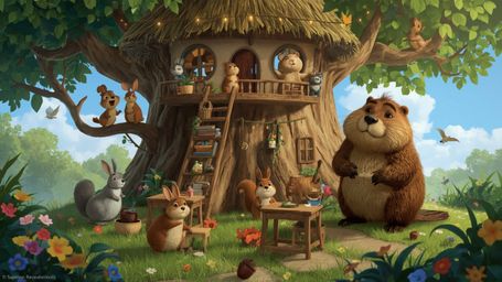 A high-resolution, professional-quality digital image shows a busy beaver building an intricate, whimsical treehouse for orph