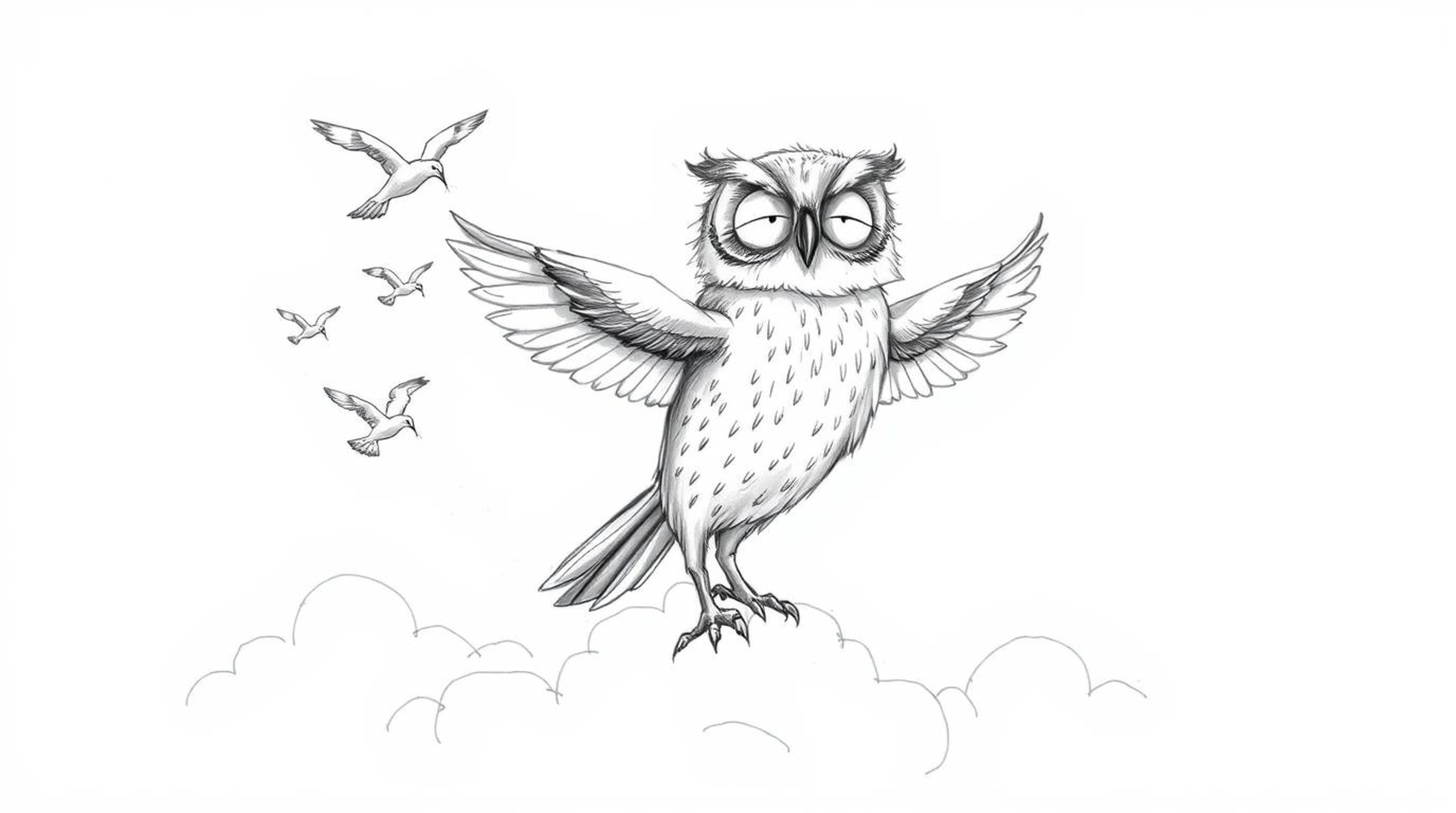 A heartwarming hand-drawn sketch in the style of Pixar depicts a blind owl with incredibly soft, feathery textures, proudly t