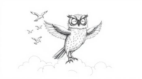 A heartwarming hand-drawn sketch in the style of Pixar depicts a blind owl with incredibly soft, feathery textures, proudly t