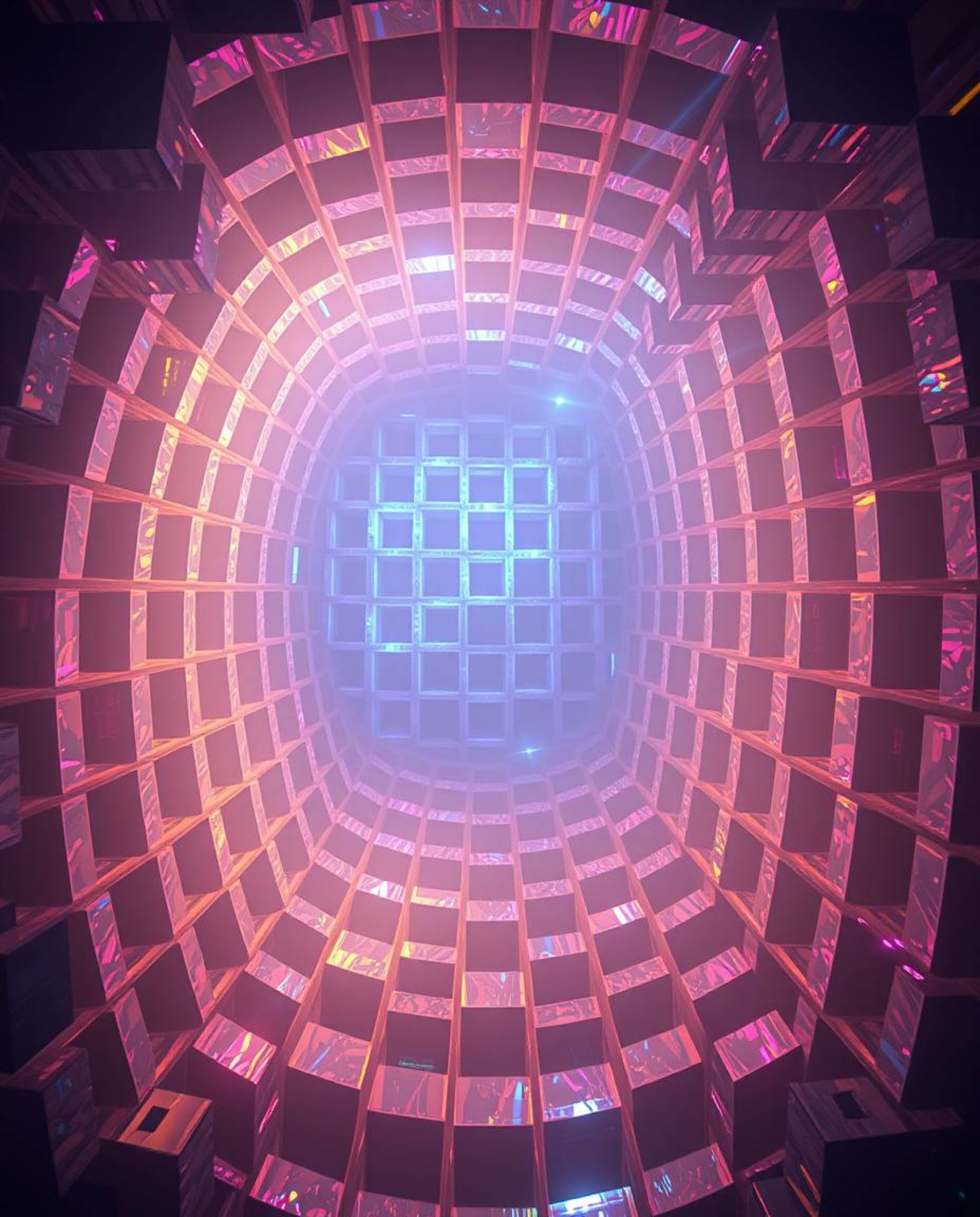 This artwork features a mesmerizing high-angle rendering of a repetitive cube pattern in the style of Escher's impossible geo