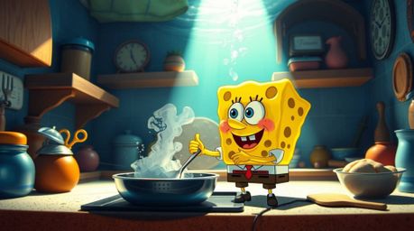 A charming animated scene depicts an adorable sponge character cooking in a brightly lit underwater kitchen.  The strong, dir