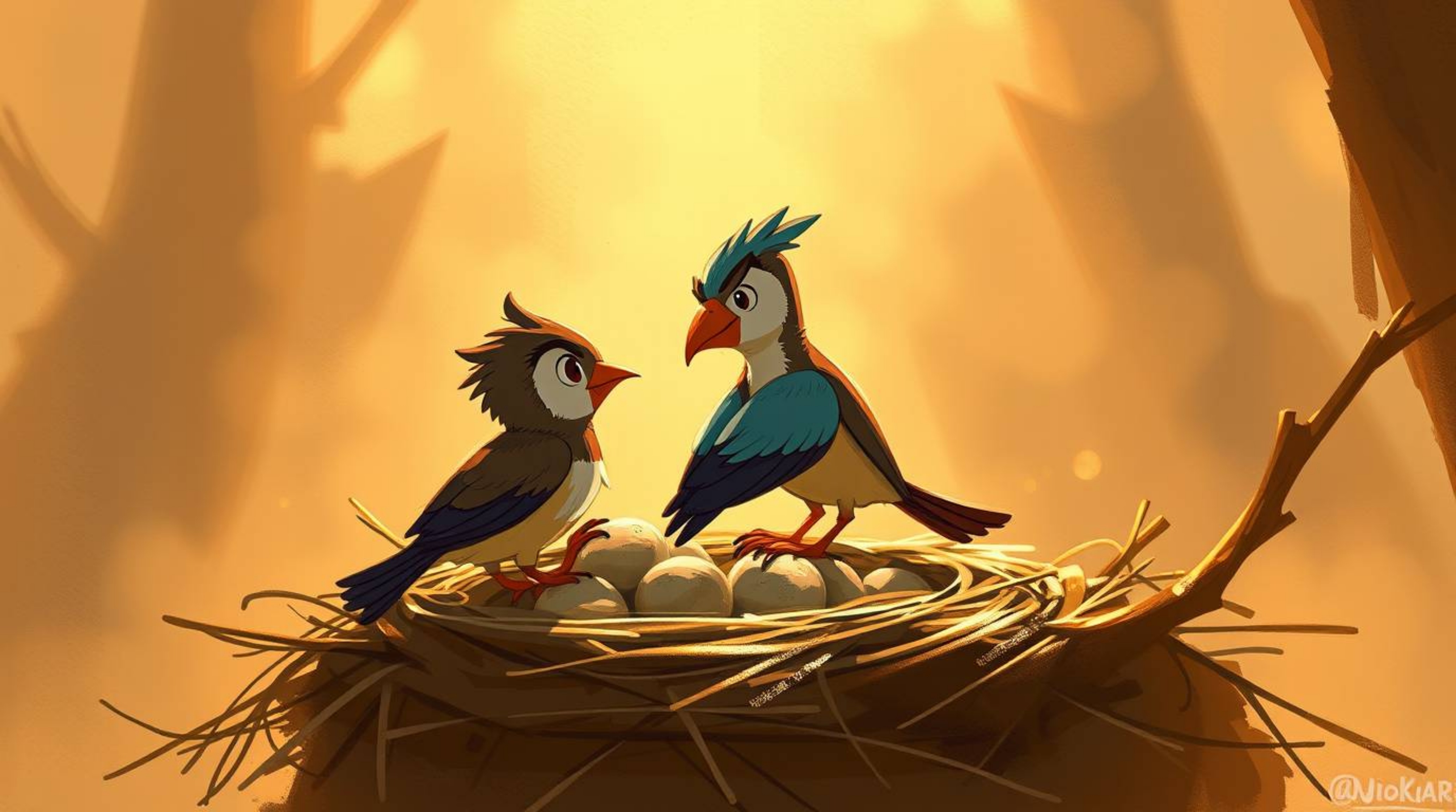 A charming digital sketch depicting two cartoon birds diligently building a nest in the timeless style of classic animation.