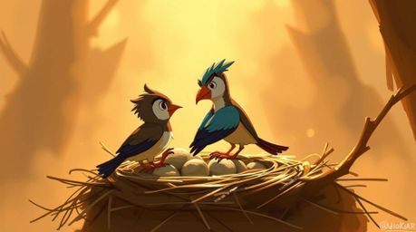 A charming digital sketch depicting two cartoon birds diligently building a nest in the timeless style of classic animation.