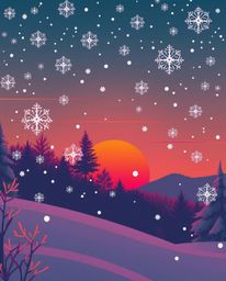 A modern flat design illustration depicts snowflakes falling during a vibrant sunset, rendered in surreal infrared tones. Thi