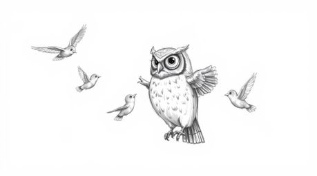 A rough, textured pencil sketch of a blind owl in a Pixar-inspired style, dedicated to teaching birds how to fly. Set against