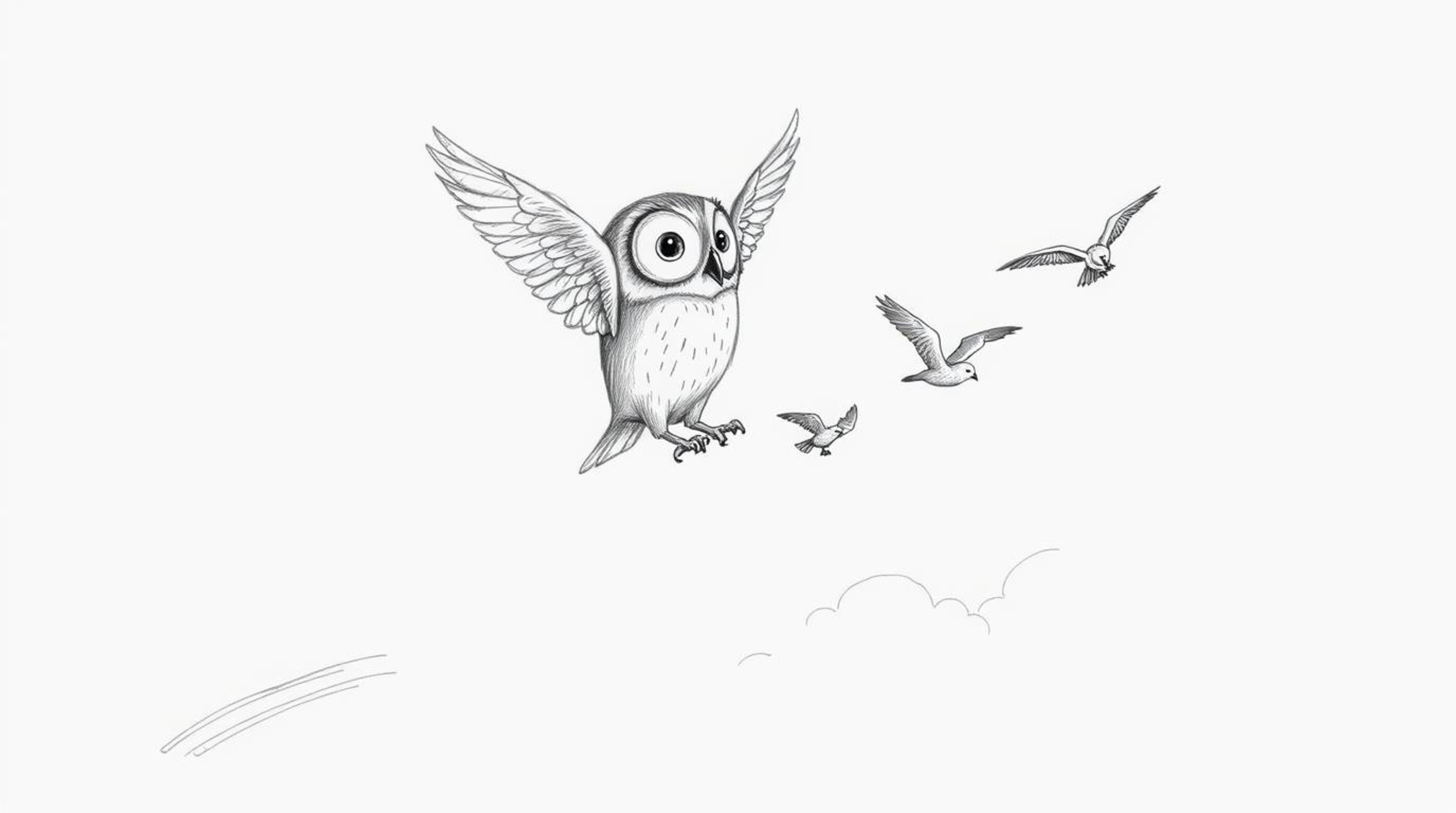 A charming hand-drawn sketch, Pixar style, depicts a blind owl with rough pencil strokes, gently guiding small birds in their