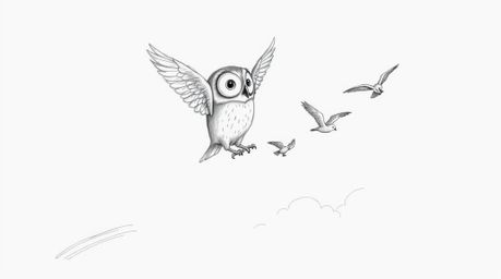 A charming hand-drawn sketch, Pixar style, depicts a blind owl with rough pencil strokes, gently guiding small birds in their