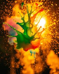 Explore the mesmerizing beauty of a colorful paint splash frozen in mid-air, captured with high-speed photography. Bathed in 