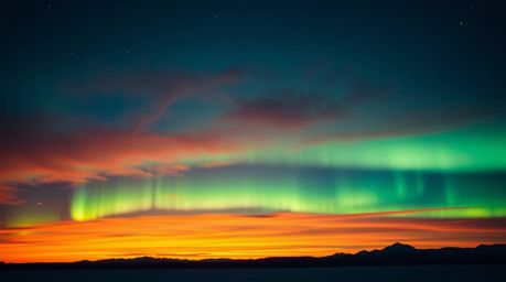 A dramatic, high-resolution stock photo captures the mesmerizing moment the Northern Lights begin to paint the sunset sky.  T